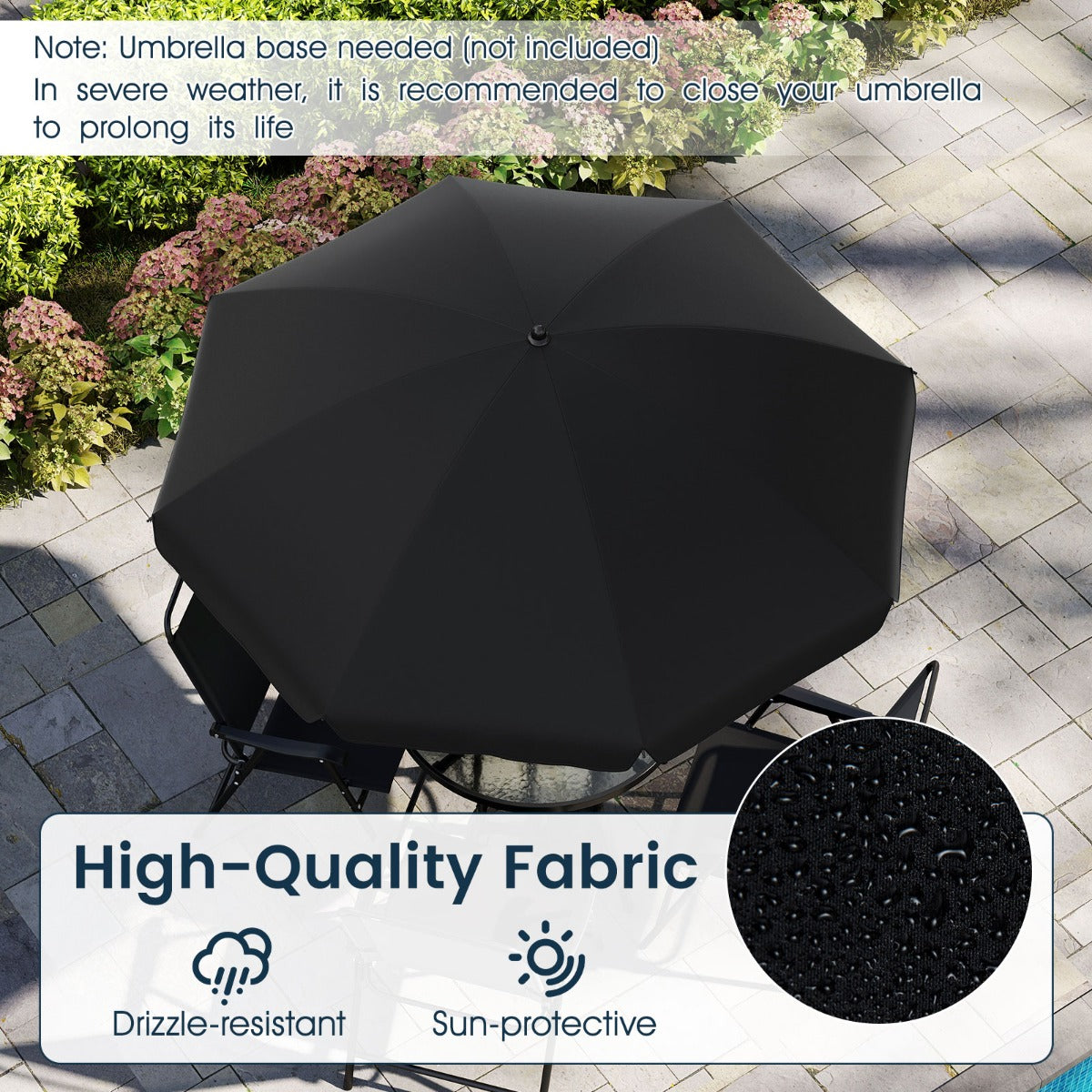 LIVSK 6-delige Tuin Eetset met Parasol - 4 Opklapbare Stoelen - Ronde Tafel van Gehard Glas - Ergonomisch - Zwart