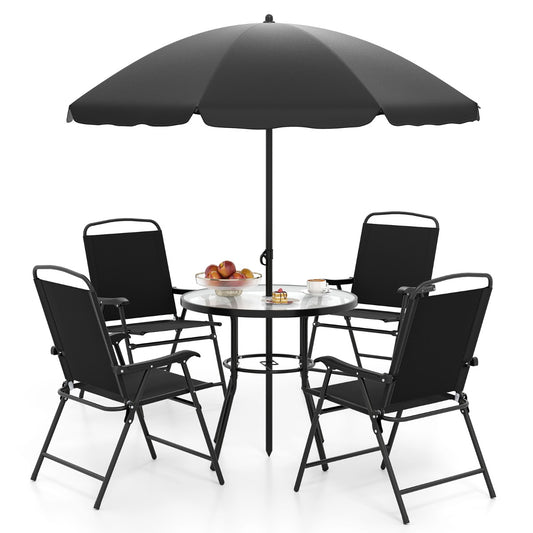 LIVSK 6-delige Tuin Eetset met Parasol - 4 Opklapbare Stoelen - Ronde Tafel van Gehard Glas - Ergonomisch - Zwart