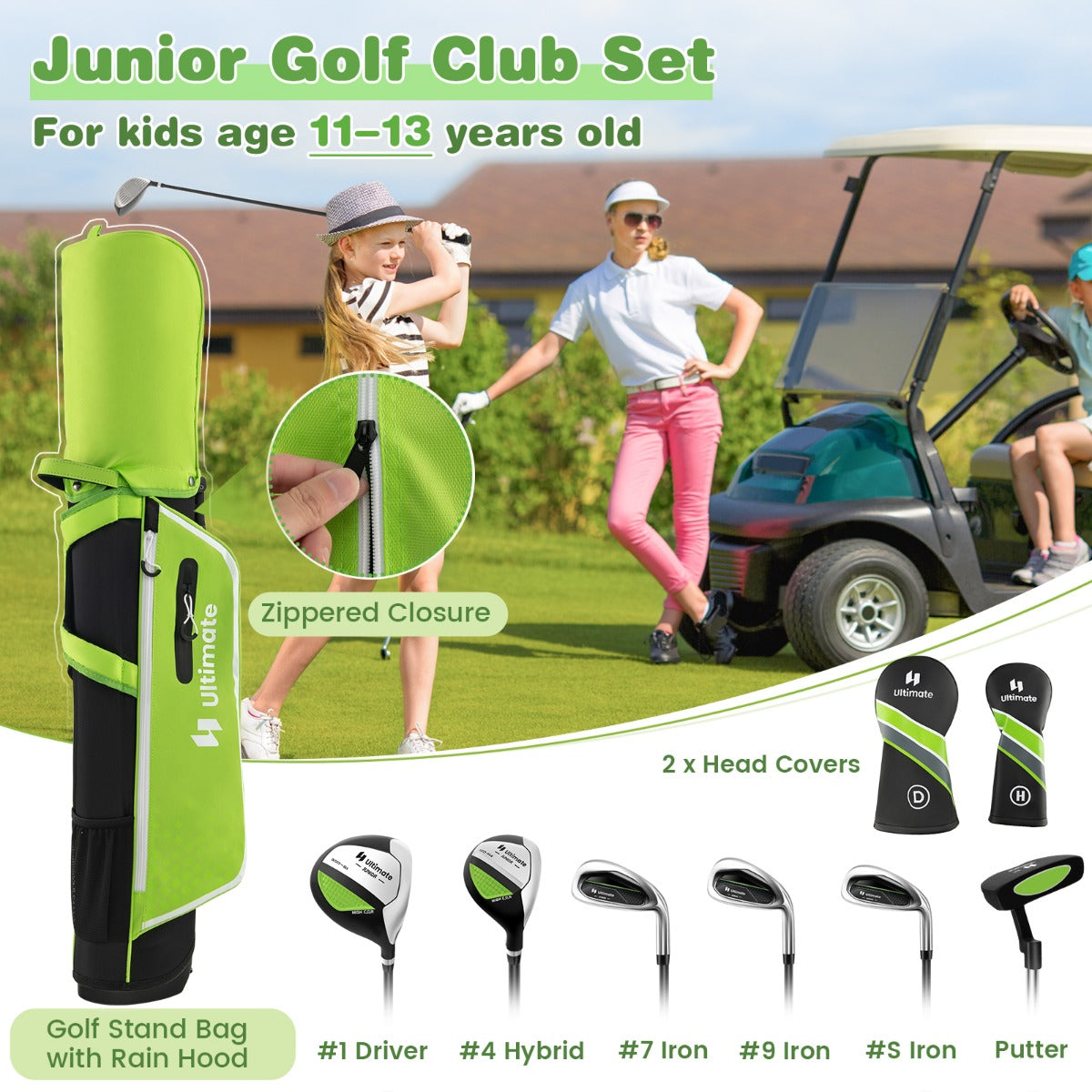 LIVSK Junior Golfclubset met Golftas en Regenhoes - Compleet voor 11-13 Jaar - Aluminium Driver - Roestvrijstalen Ijzers -
