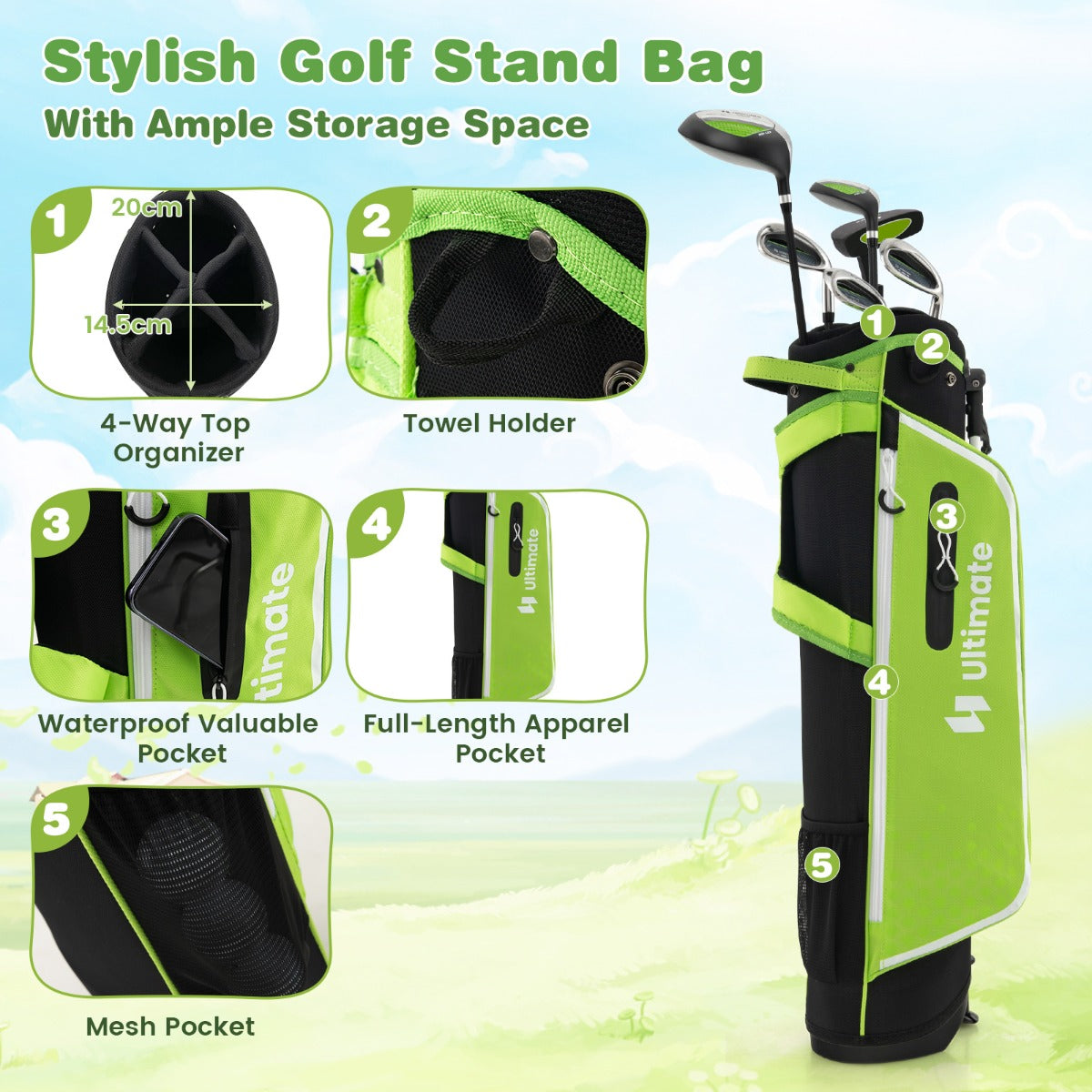 LIVSK Junior Golfclubset met Golftas en Regenhoes - Compleet voor 11-13 Jaar - Aluminium Driver - Roestvrijstalen Ijzers -