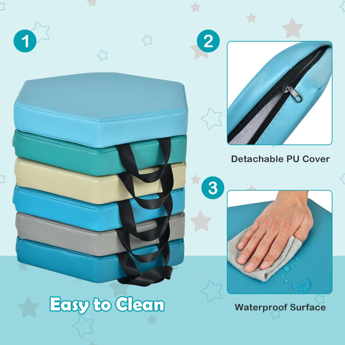 LIVSK 6-Delige Set Vloerkussens - Zeshoekig met Ergonomische Handvatten - Waterdicht en Veilig - Voor Kinderen - Blauw