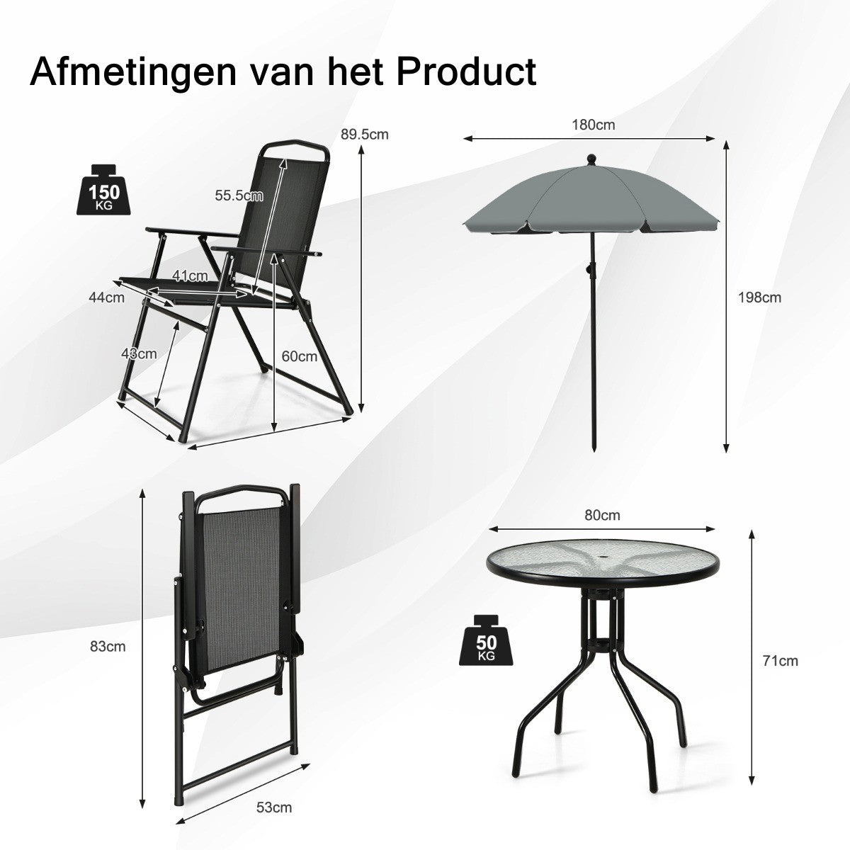 LIVSK 6-delige Patio Tafel en Stoel Set - Ergonomische Klapstoelen met Armleuningen - Gehard Glazen Salontafel - Paraplu - Grijs