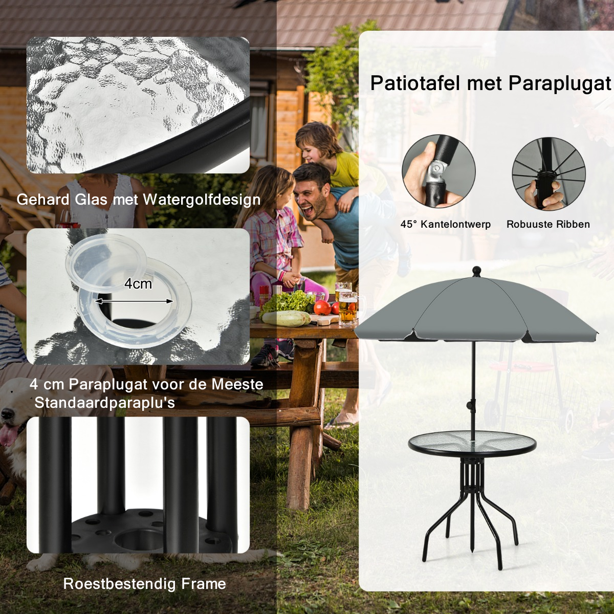 LIVSK 6-delige Patio Tafel en Stoel Set - Ergonomische Klapstoelen met Armleuningen - Gehard Glazen Salontafel - Paraplu - Grijs