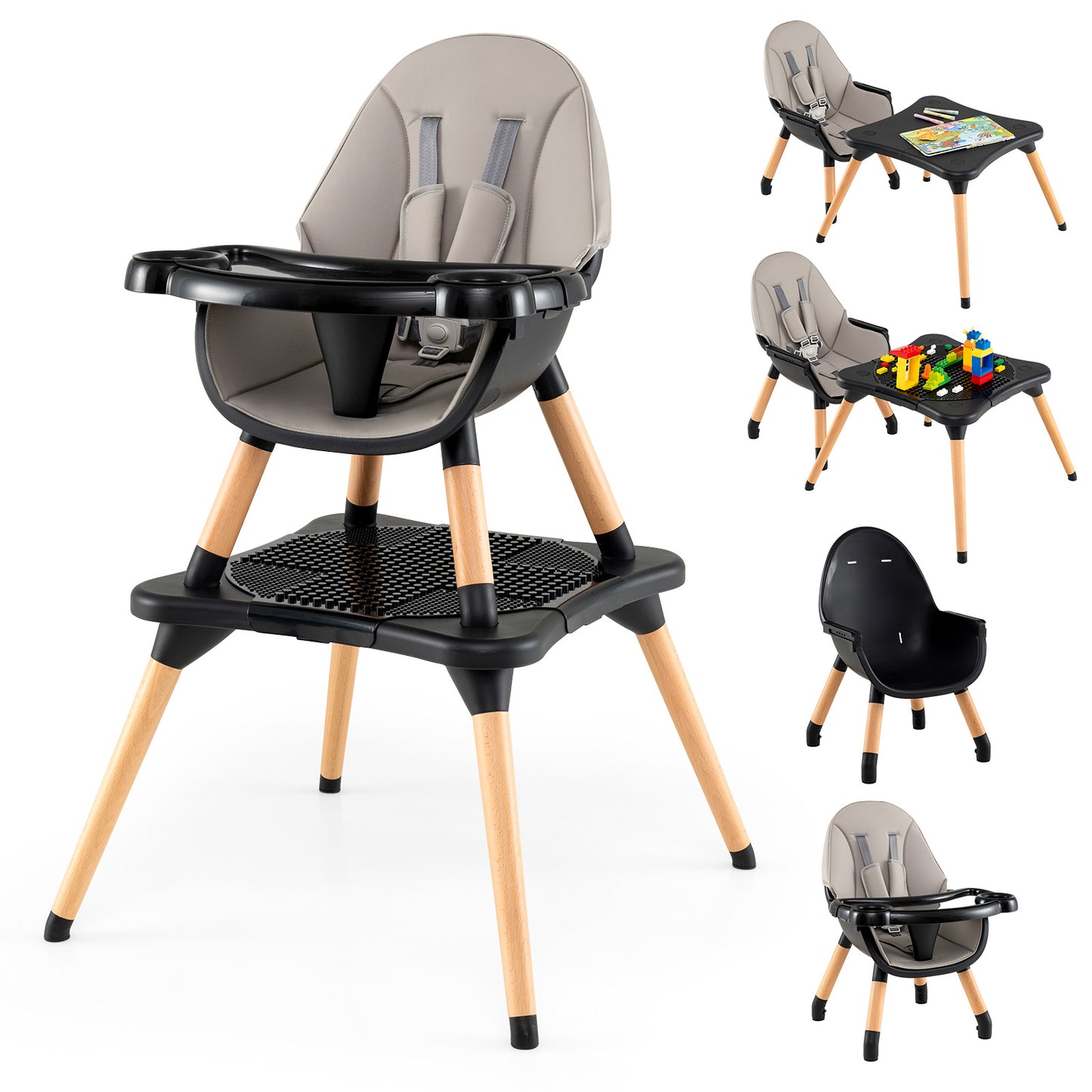 LIVSK 6-in-1 Kinderstoel - Bouwsteentafel - Verstelbare 5-puntsgordel - Dubbel Dienblad - Tot 15 kg - Zwart