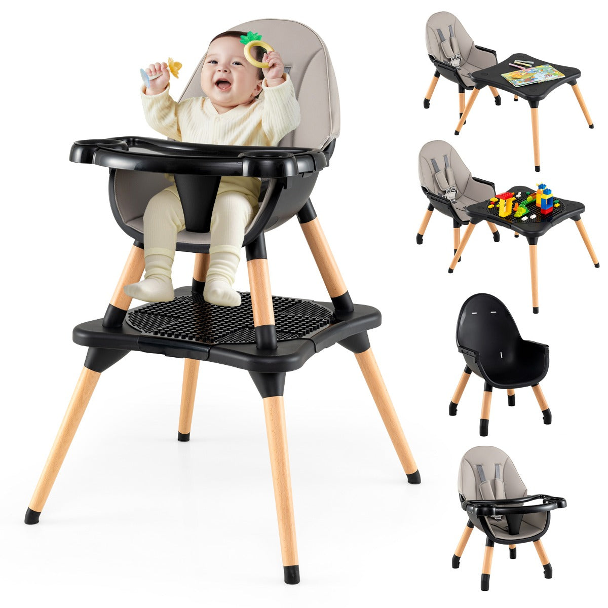 LIVSK 6-in-1 Kinderstoel - Bouwsteentafel - Verstelbare 5-puntsgordel - Dubbel Dienblad - Tot 15 kg - Zwart