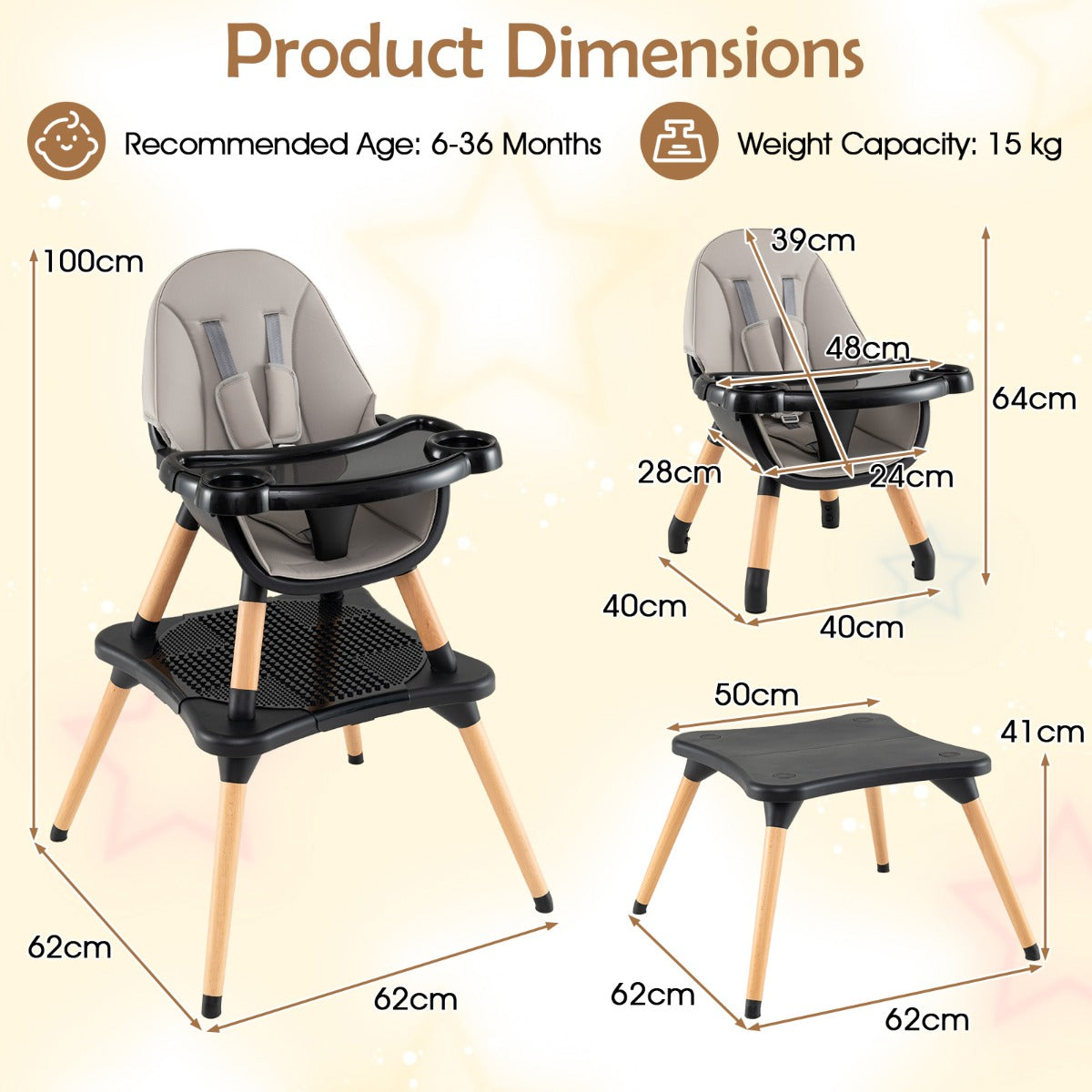 LIVSK 6-in-1 Kinderstoel - Bouwsteentafel - Verstelbare 5-puntsgordel - Dubbel Dienblad - Tot 15 kg - Zwart