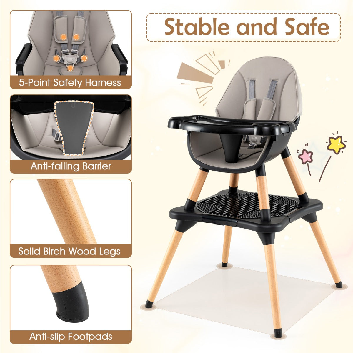LIVSK 6-in-1 Kinderstoel - Bouwsteentafel - Verstelbare 5-puntsgordel - Dubbel Dienblad - Tot 15 kg - Zwart