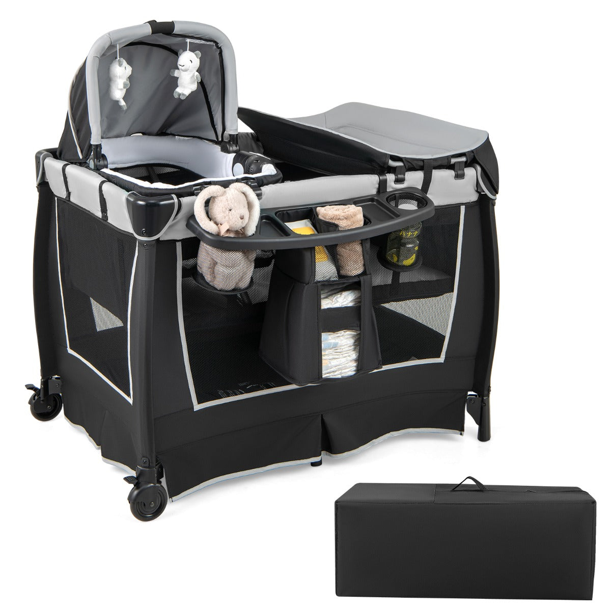 LIVSK 6-in-1 Babyreisbed - Wieg, Wipstoel, Commode, Box - Afneembaar en Opvouwbaar - Veiligheidsgordels - Tot 15 kg - Grijs