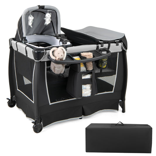 LIVSK 6-in-1 Babyreisbed - Wieg, Wipstoel, Commode, Box - Afneembaar en Opvouwbaar - Veiligheidsgordels - Tot 15 kg - Grijs