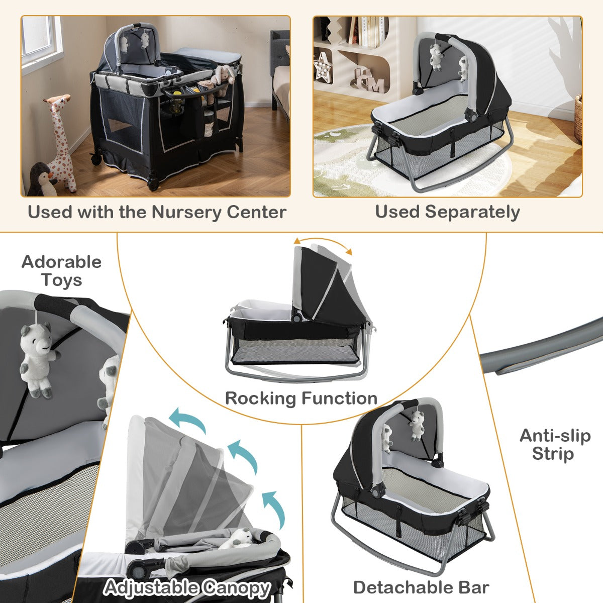 LIVSK 6-in-1 Babyreisbed - Wieg, Wipstoel, Commode, Box - Afneembaar en Opvouwbaar - Veiligheidsgordels - Tot 15 kg - Grijs