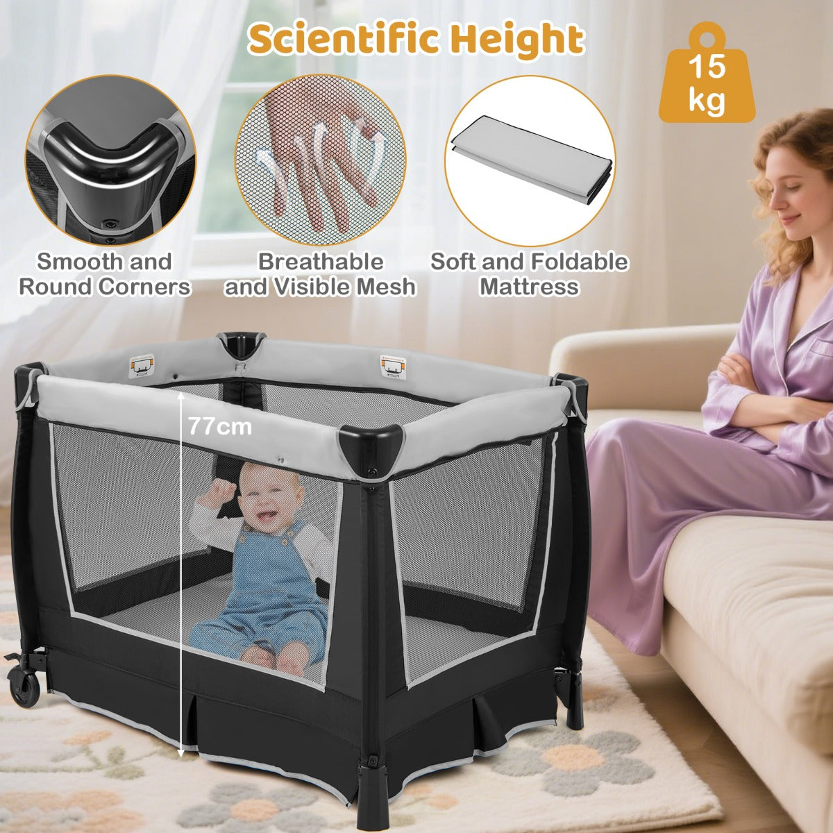 LIVSK 6-in-1 Babyreisbed - Wieg, Wipstoel, Commode, Box - Afneembaar en Opvouwbaar - Veiligheidsgordels - Tot 15 kg - Grijs