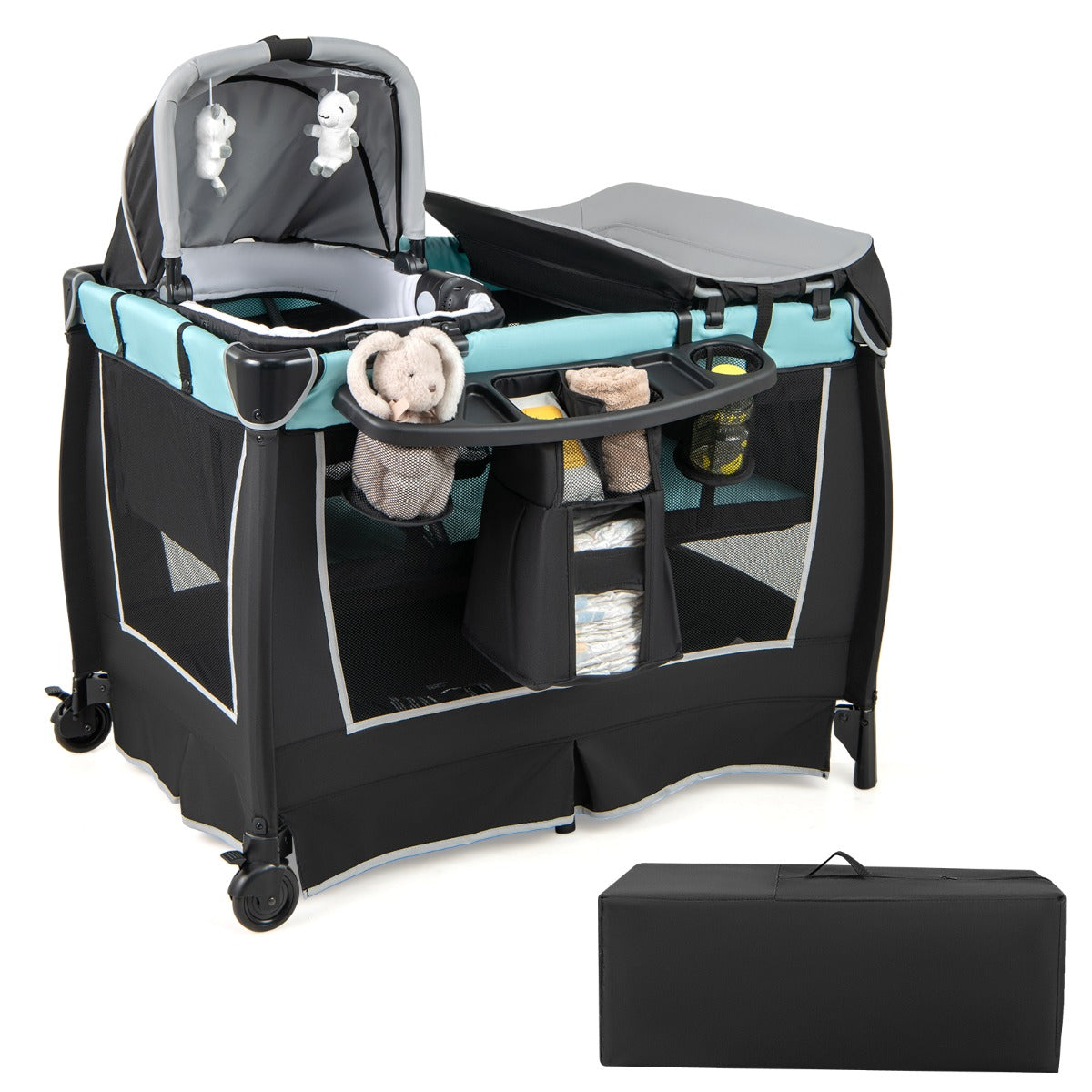 LIVSK 6-in-1 Babyreisbed - Wieg - Commode - Draagtas - Muziekdoos - Voor 0-3 jaar - 105,5 x 73,5 x 77 cm - Groen