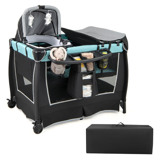 LIVSK 6-in-1 Babyreisbed - Wieg - Commode - Draagtas - Muziekdoos - Voor 0-3 jaar - 105,5 x 73,5 x 77 cm - Groen