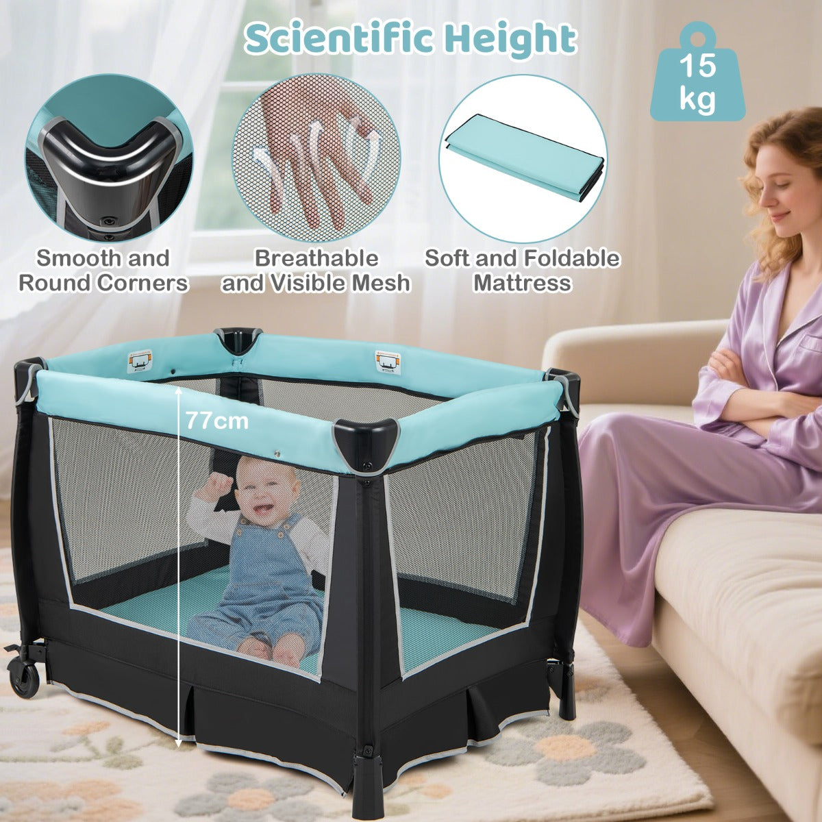 LIVSK 6-in-1 Babyreisbed - Wieg - Commode - Draagtas - Muziekdoos - Voor 0-3 jaar - 105,5 x 73,5 x 77 cm - Groen