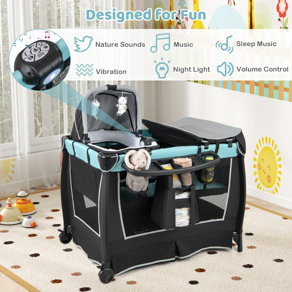 LIVSK 6-in-1 Babyreisbed - Wieg - Commode - Draagtas - Muziekdoos - Voor 0-3 jaar - 105,5 x 73,5 x 77 cm - Groen