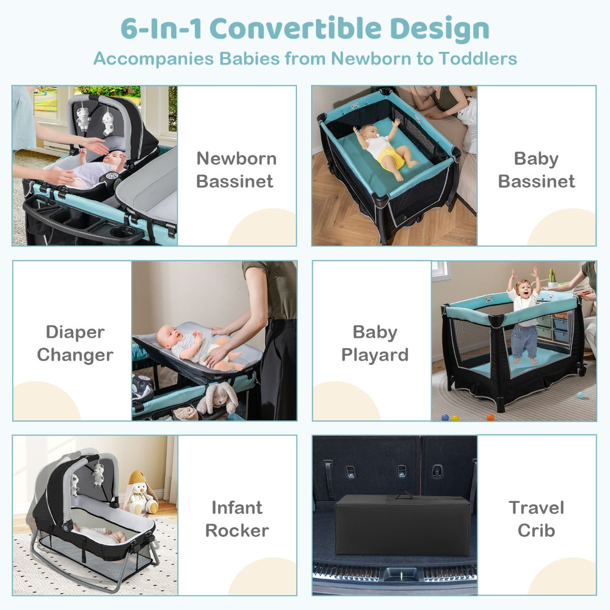 LIVSK 6-in-1 Babyreisbed - Wieg - Commode - Draagtas - Muziekdoos - Voor 0-3 jaar - 105,5 x 73,5 x 77 cm - Groen