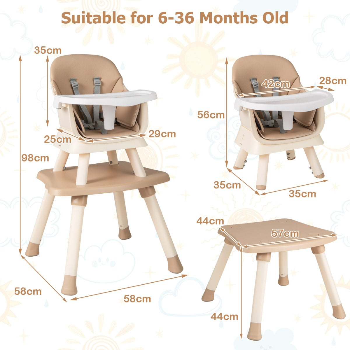 LIVSK 6-in-1 Kinderstoel - Multifunctioneel met Afneembaar Tafelblad - 5-Punts Gordel - Voor 6-36 maanden - Koffie
