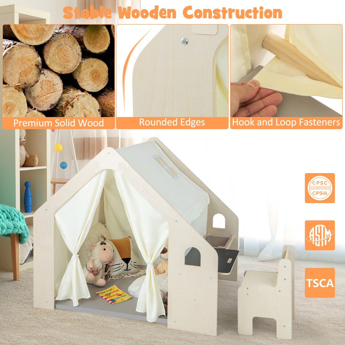 LIVSK 6-in-1 Binnenspeelhuistent met Tafel en Stoel - Duurzaam Hout - Veilig en Kindvriendelijk - Voor Kinderen 2-6 jaar - Natuur