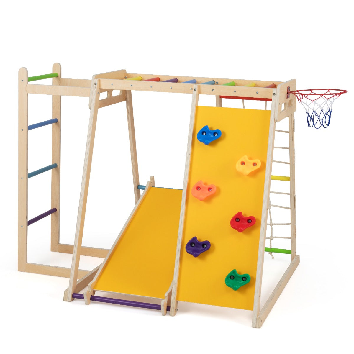Livsk costway 6 in 1 indoor klimrek speeltuin met glijbaan klimwand basketbalring apenstang touwnet ladder