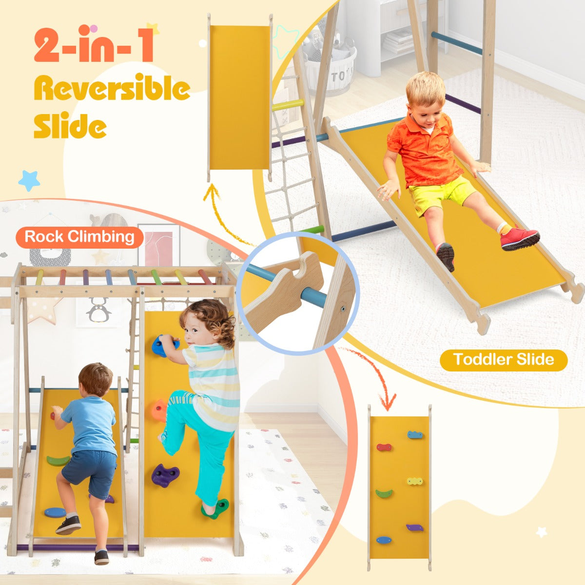 Livsk costway 6 in 1 indoor klimrek speeltuin met glijbaan klimwand basketbalring apenstang touwnet ladder 4
