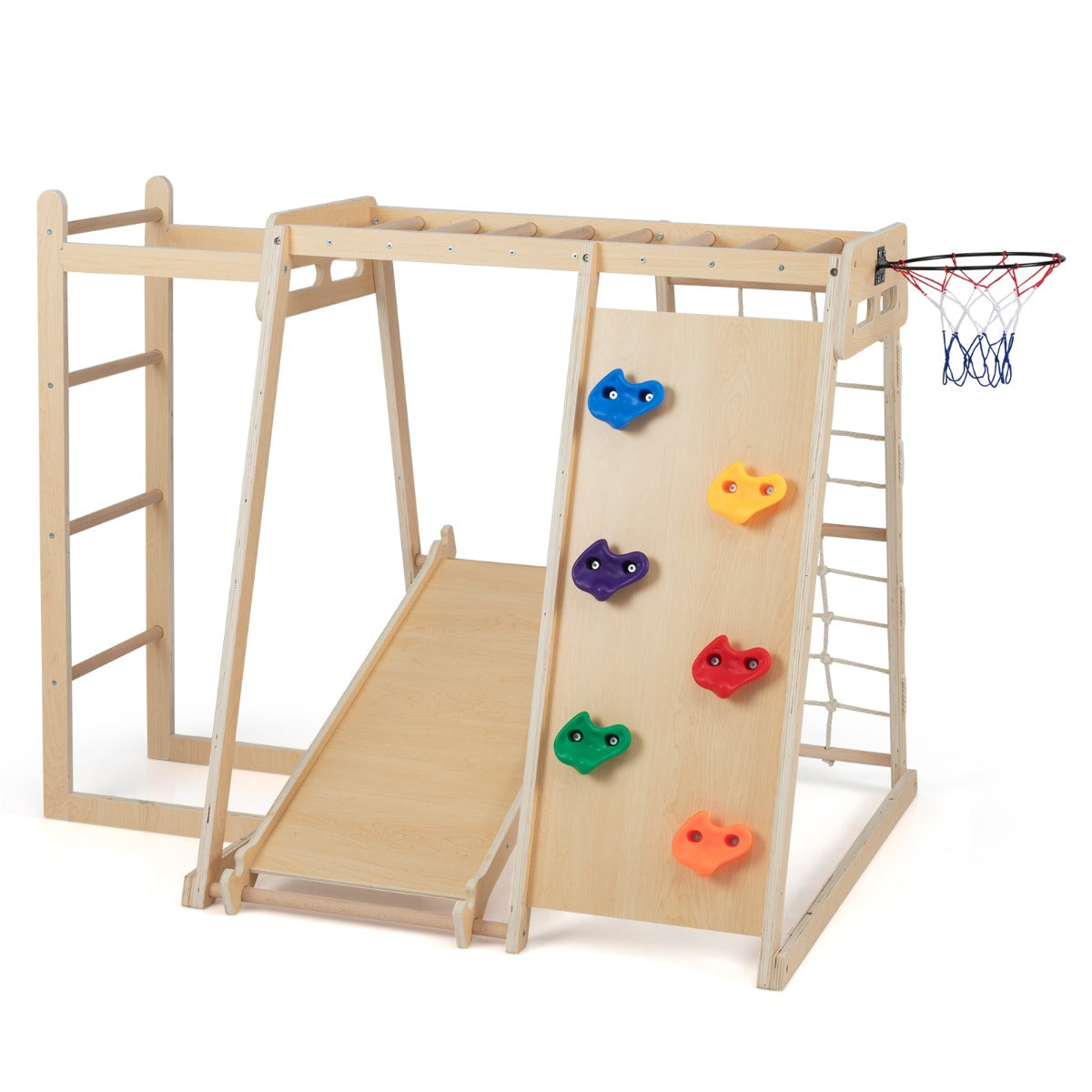 Livsk costway 6 in 1 indoor klimrek speeltuin met glijbaan klimwand basketbalring apenstang touwnet ladder naturel