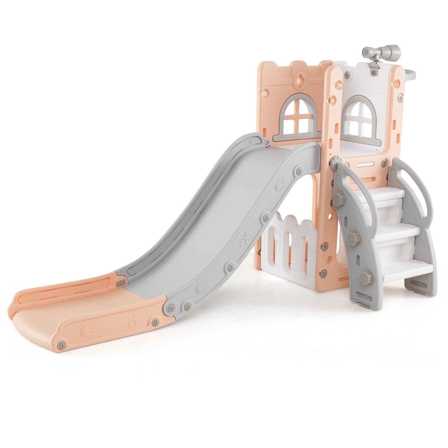 LIVSK 6-in-1 Peuterglijbaan met Basketbalring - Telescoop en Klimrek - Veilig Ontwerp - 69 x 145 x 85 cm - Roze en Wit
