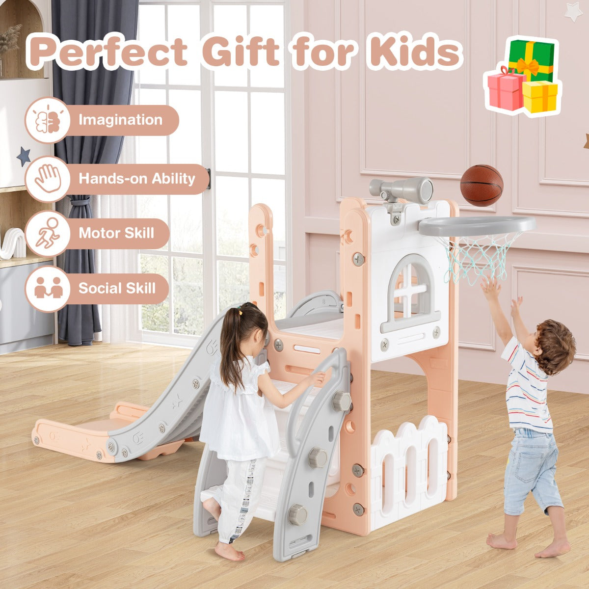 LIVSK 6-in-1 Peuterglijbaan met Basketbalring - Telescoop en Klimrek - Veilig Ontwerp - 69 x 145 x 85 cm - Roze en Wit