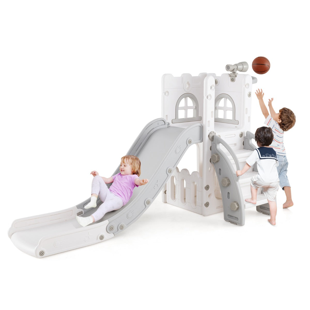 LIVSK 6-in-1 Peuterglijbaan met Telescoop en Basketbalring - Veiligheidsstappen - Stabiele Driehoekstructuur - Grijs