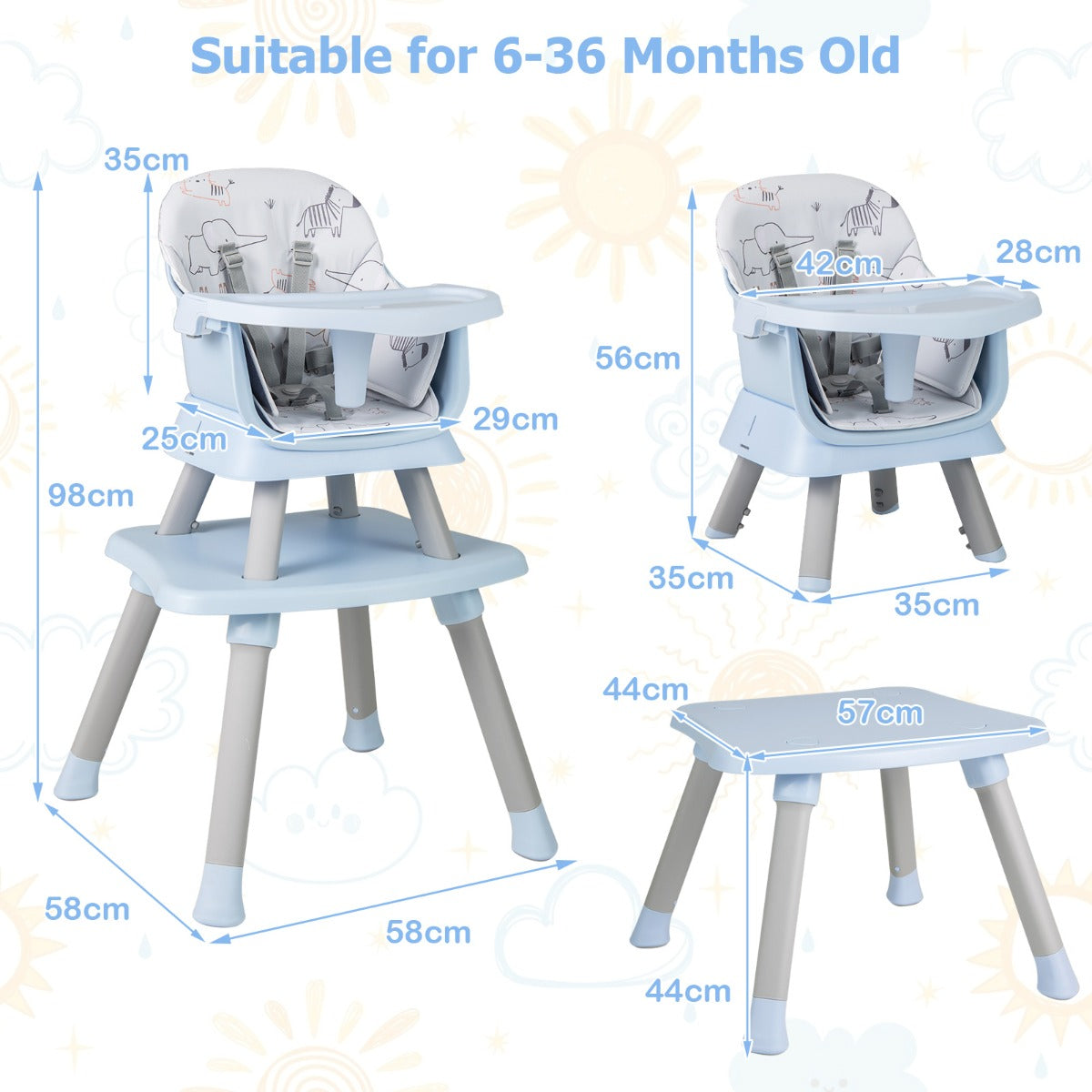 LIVSK 6-in-1 Kinderstoel - Hoge Stoel - Zitverhoger - Kindertafel - Veiligheidsgordel - Voor 6-36 maanden - Blauw