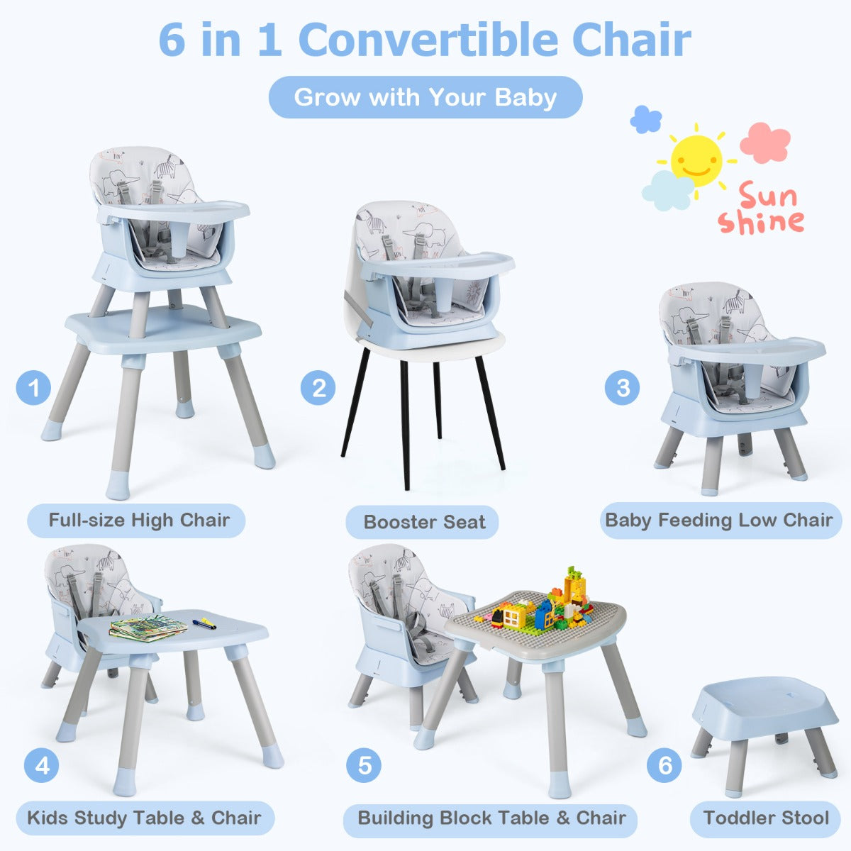 LIVSK 6-in-1 Kinderstoel - Hoge Stoel - Zitverhoger - Kindertafel - Veiligheidsgordel - Voor 6-36 maanden - Blauw