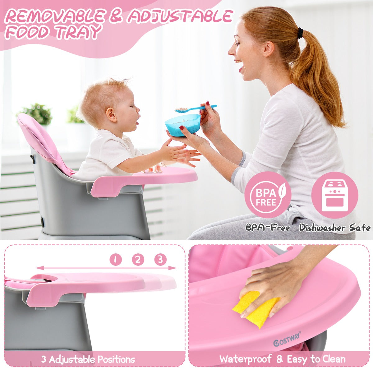LIVSK 6-in-1 Converteerbare Kinderstoel - Veiligheidsgordel - Afneembaar Dienblad - Duurzaam PP - Tot 25 kg - Roze