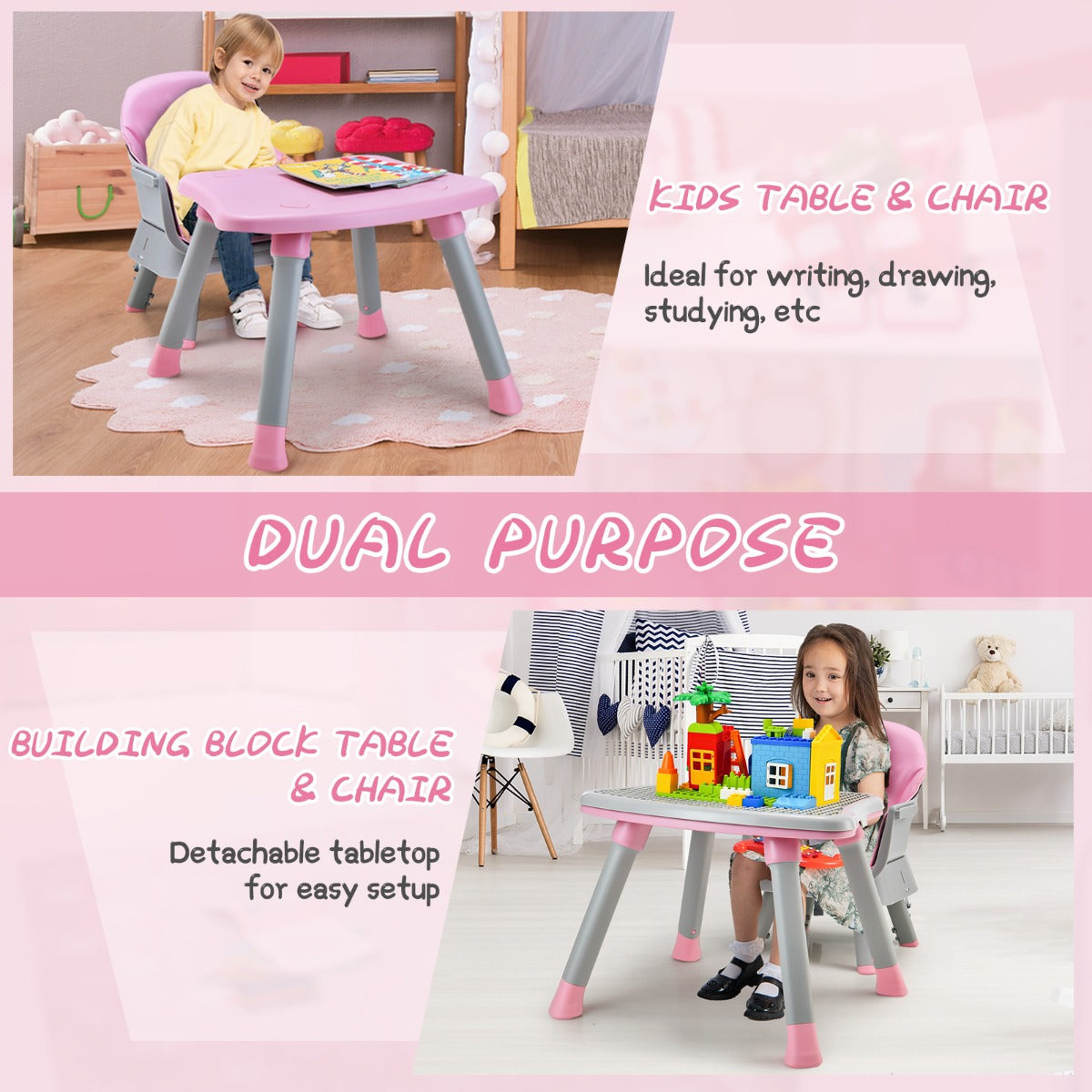 LIVSK 6-in-1 Converteerbare Kinderstoel - Veiligheidsgordel - Afneembaar Dienblad - Duurzaam PP - Tot 25 kg - Roze