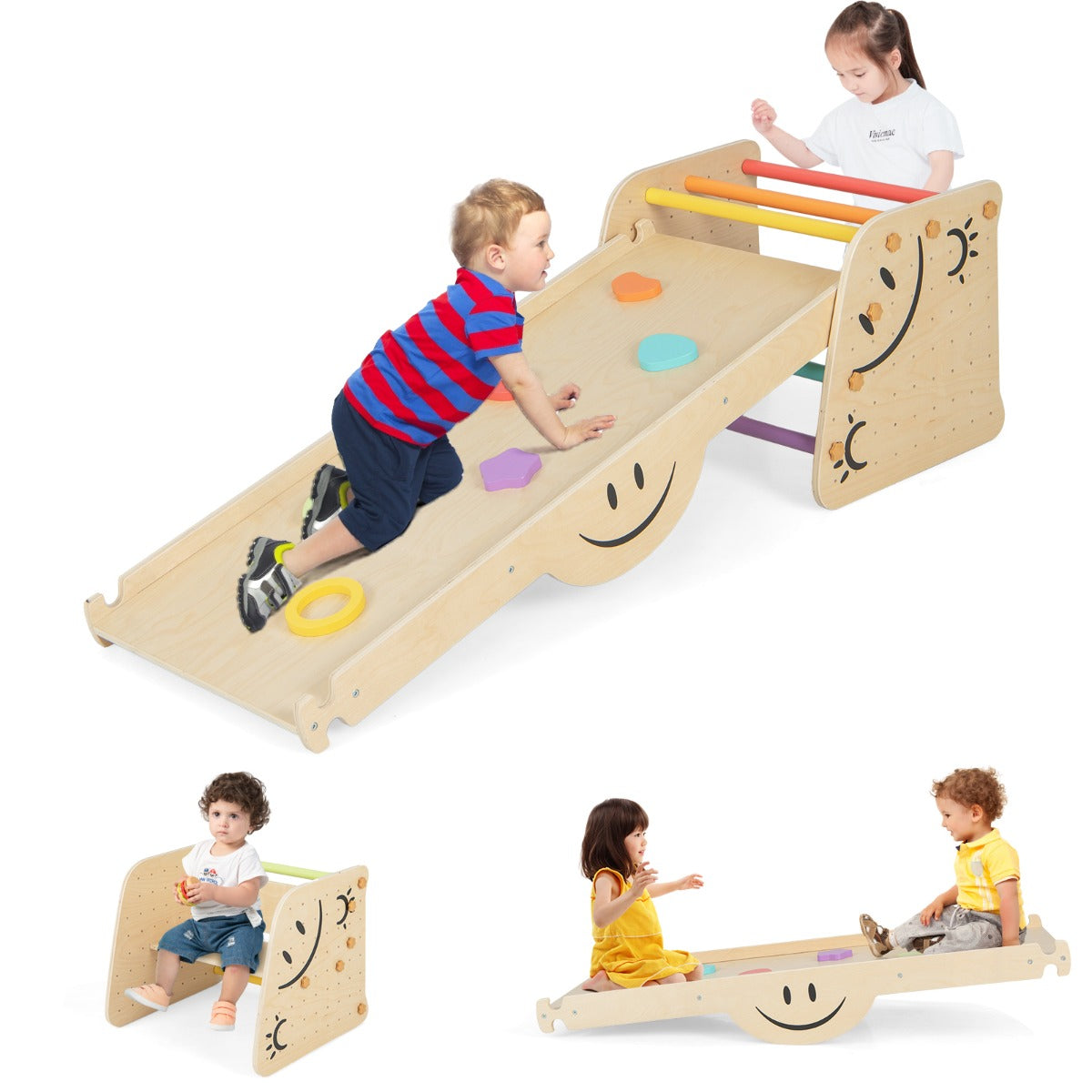 LIVSK 6-in-1 Klimspeelgoedset - Glijbaan, Klimhelling, Wip, Klimladder, Opstapje - Voor 2 Kinderen - Draagkracht 60 kg - Gekleurd