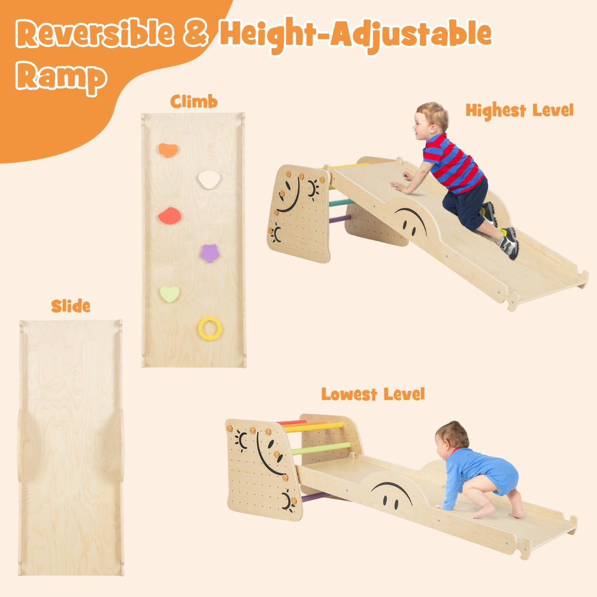 LIVSK 6-in-1 Klimspeelgoedset - Glijbaan, Klimhelling, Wip, Klimladder, Opstapje - Voor 2 Kinderen - Draagkracht 60 kg - Gekleurd