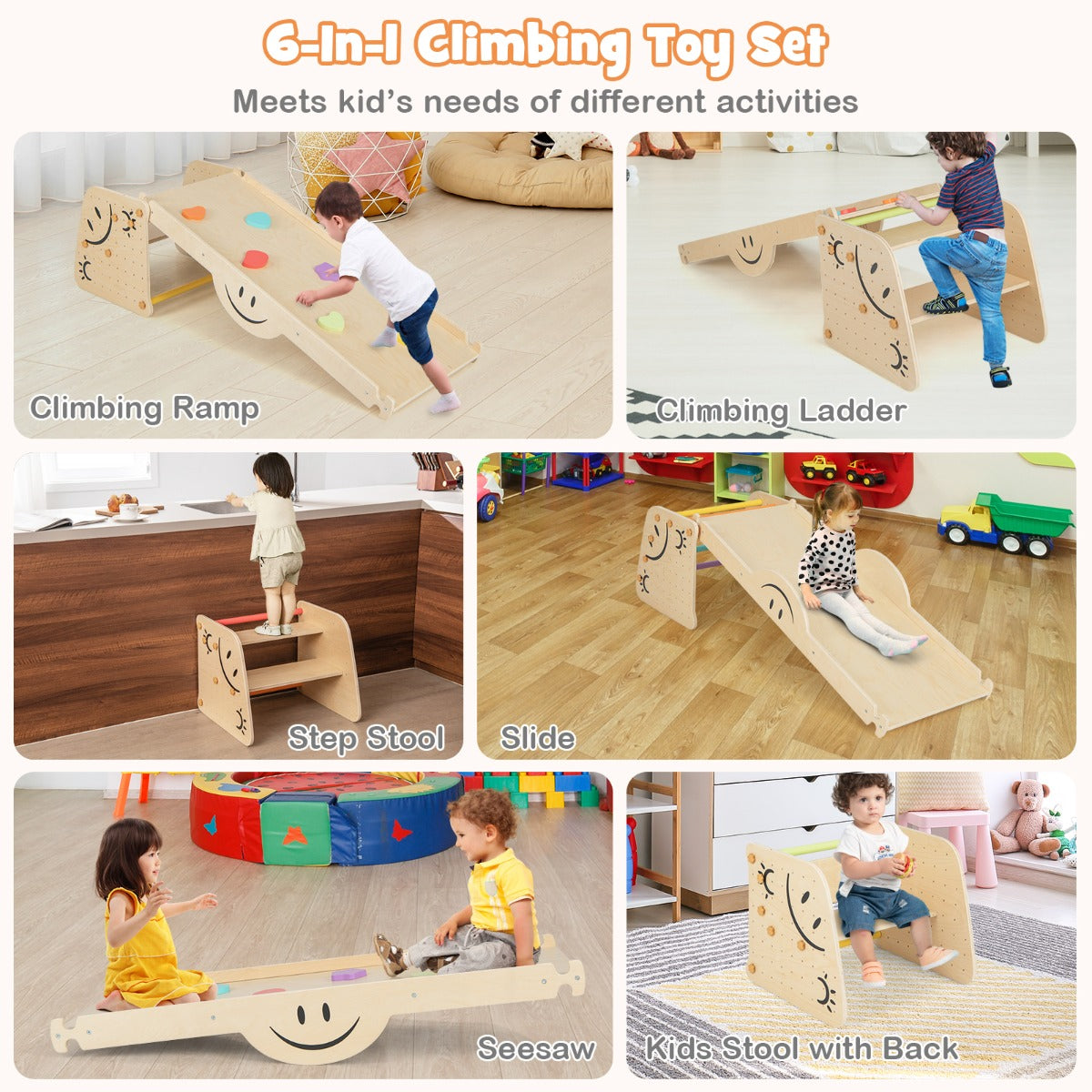 LIVSK 6-in-1 Klimspeelgoedset - Glijbaan, Klimhelling, Wip, Klimladder, Opstapje - Voor 2 Kinderen - Draagkracht 60 kg - Gekleurd