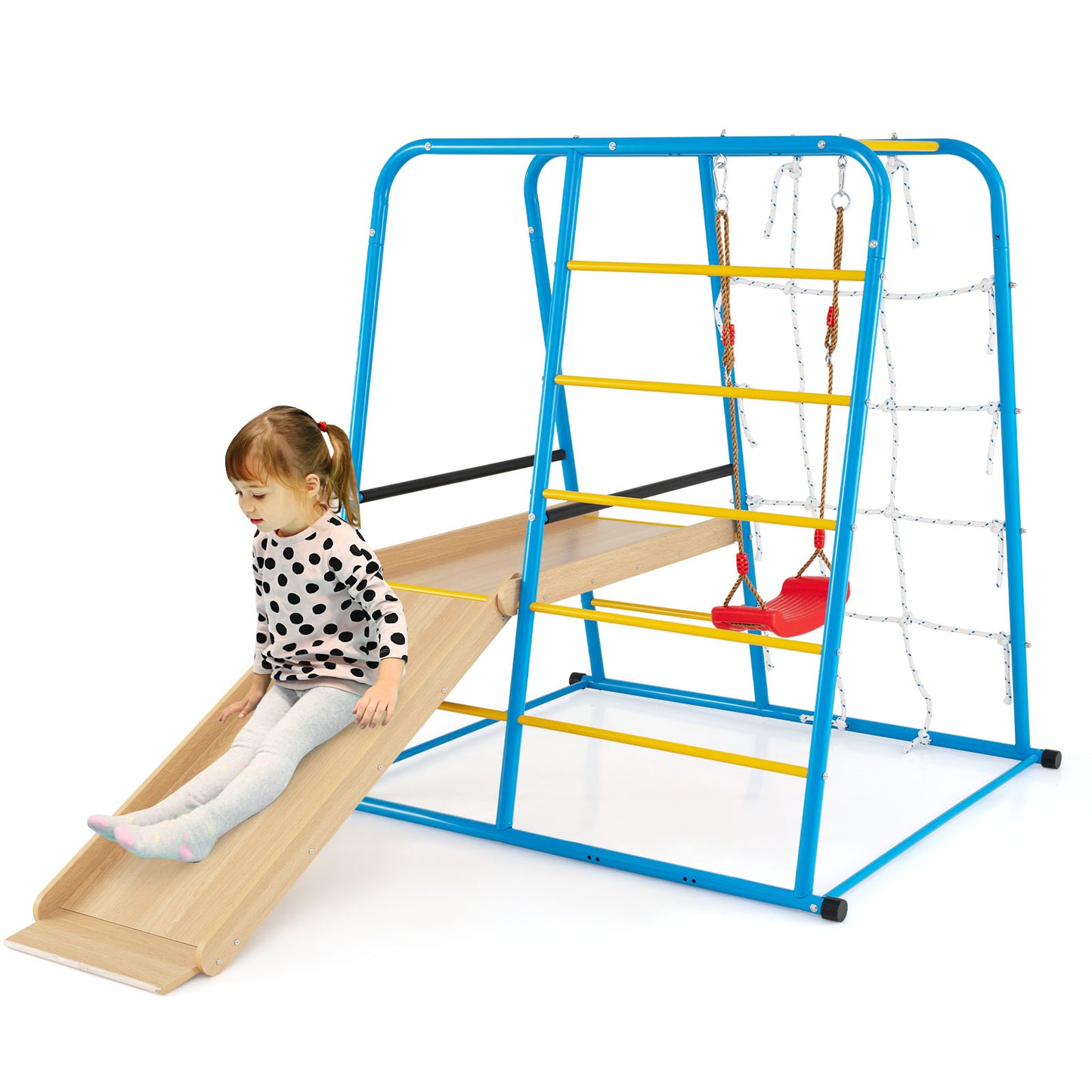 LIVSK 6-in-1 Indoor Jungle Gym - Robuust Metalen Frame - Verstelbare Schommel - Flexibele Glijbaan - Voor Kinderen 3+ - Multicolor