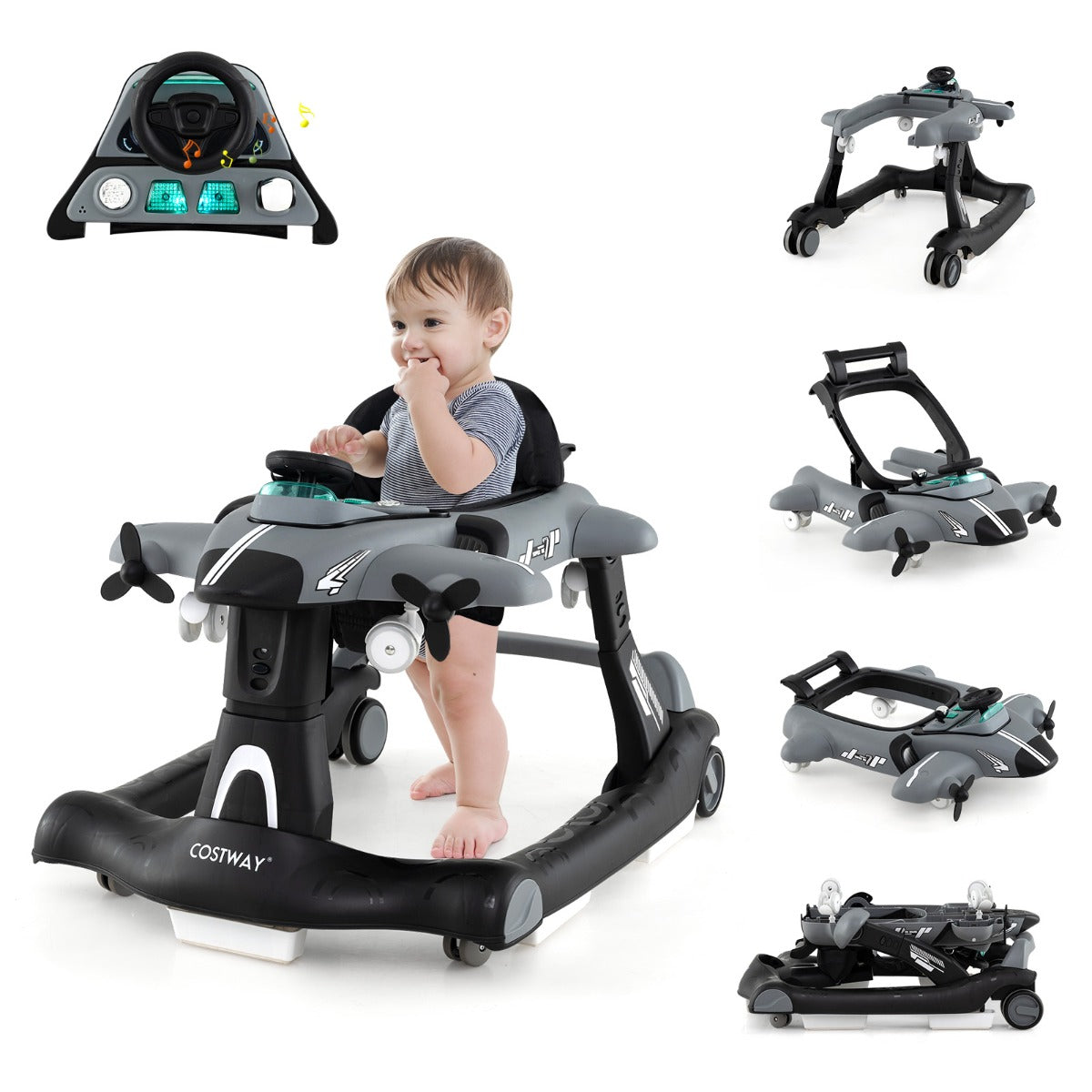 LIVSK Multifunctionele Loopwagen - 6-in-1 Design met Muziekdoosje - 3 Verstelbare Hoogtes - Voor 6-18 maanden - Grijs/Wit