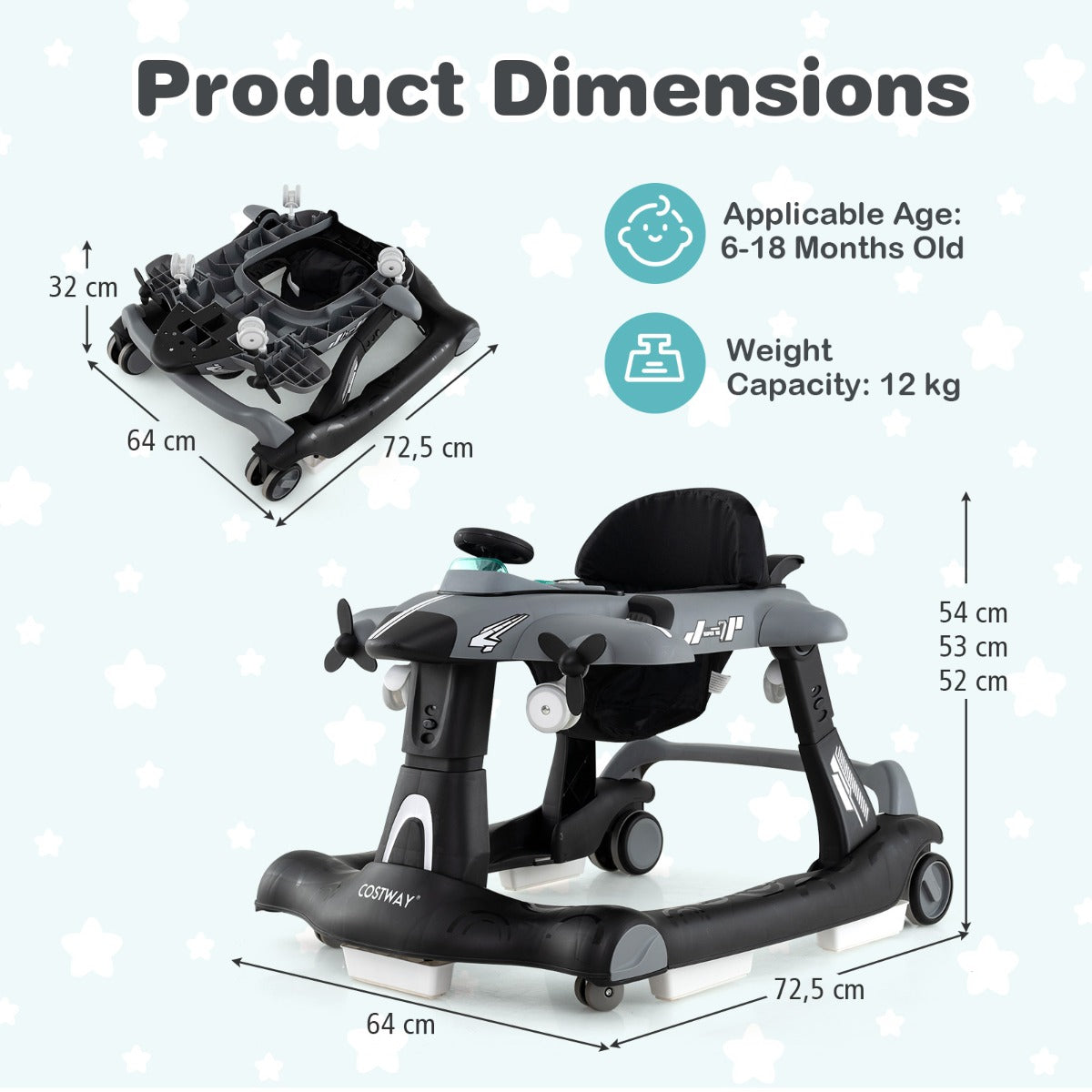 LIVSK Multifunctionele Loopwagen - 6-in-1 Design met Muziekdoosje - 3 Verstelbare Hoogtes - Voor 6-18 maanden - Grijs/Wit