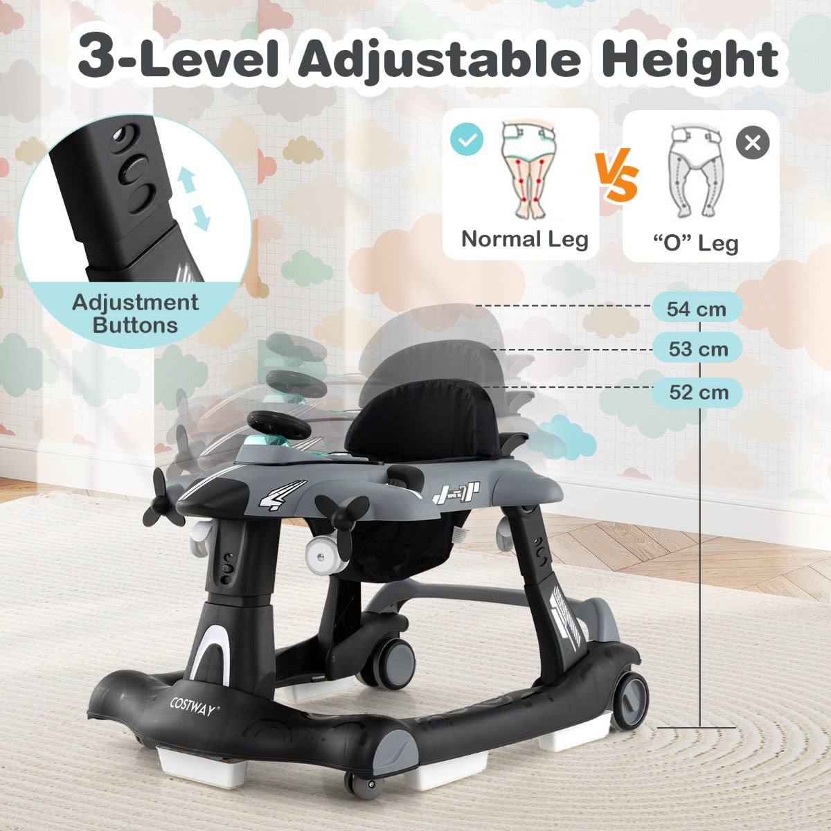 LIVSK Multifunctionele Loopwagen - 6-in-1 Design met Muziekdoosje - 3 Verstelbare Hoogtes - Voor 6-18 maanden - Grijs/Wit
