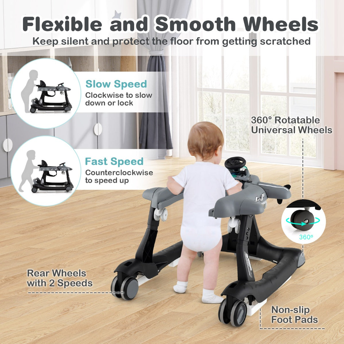 LIVSK Multifunctionele Loopwagen - 6-in-1 Design met Muziekdoosje - 3 Verstelbare Hoogtes - Voor 6-18 maanden - Grijs/Wit
