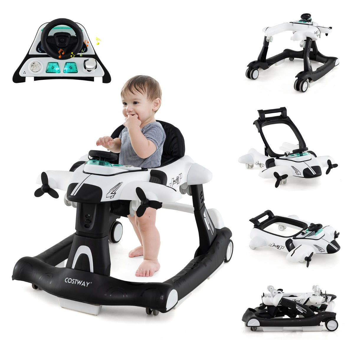 LIVSK 6-in-1 Loopwagen - 3 Verstelbare Hoogtes - Afneembaar Muziekdoosje - Inklapbaar - Voor Baby's tot 12 kg - Grijs/Wit
