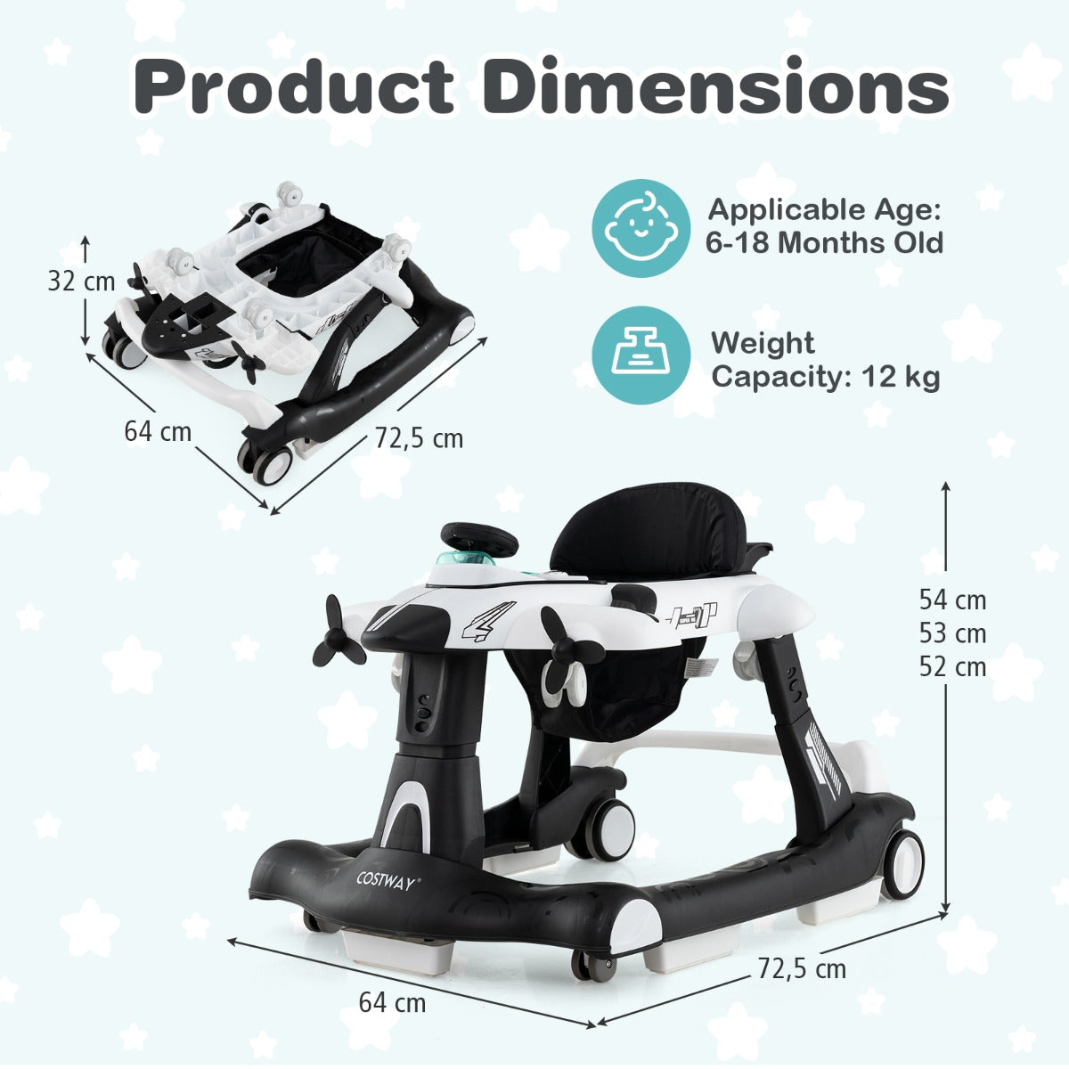 LIVSK 6-in-1 Loopwagen - 3 Verstelbare Hoogtes - Afneembaar Muziekdoosje - Inklapbaar - Voor Baby's tot 12 kg - Grijs/Wit