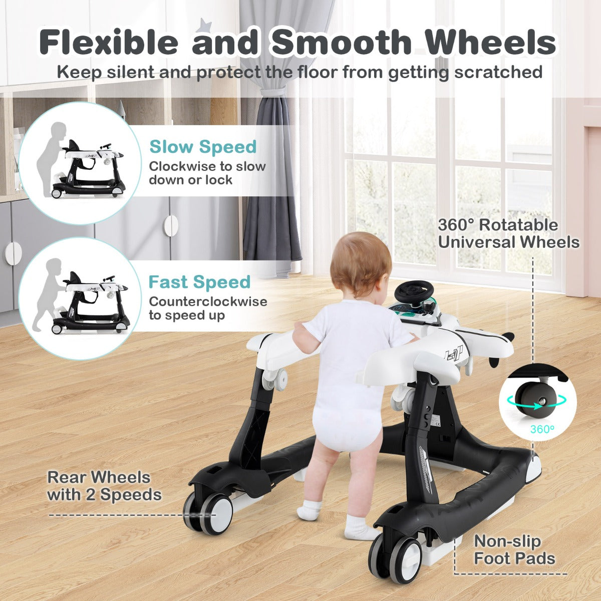 LIVSK 6-in-1 Loopwagen - 3 Verstelbare Hoogtes - Afneembaar Muziekdoosje - Inklapbaar - Voor Baby's tot 12 kg - Grijs/Wit