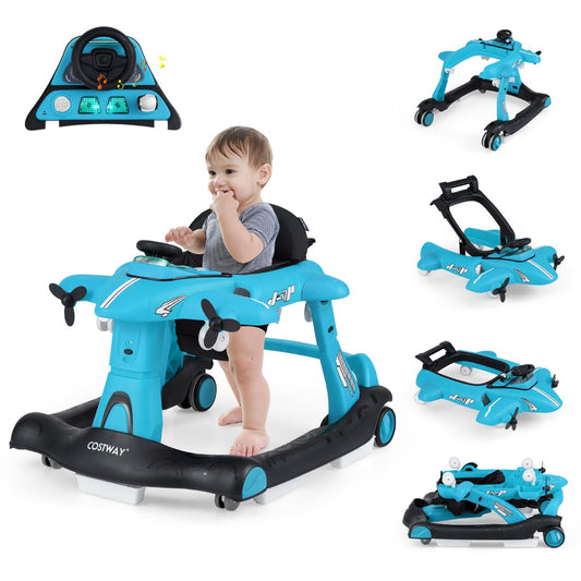 Livsk costway 6 in 1 opvouwbare babyloopstoel vliegtuigontwerp drie hoogte instellingen blauw