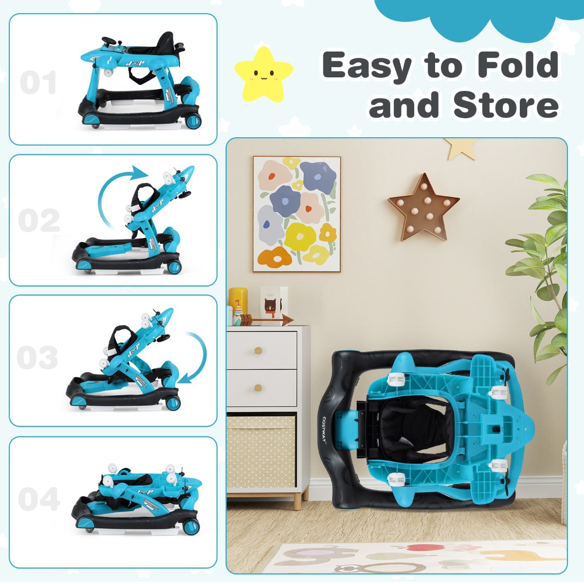 Livsk costway 6 in 1 opvouwbare babyloopstoel vliegtuigontwerp drie hoogte instellingen blauw 6