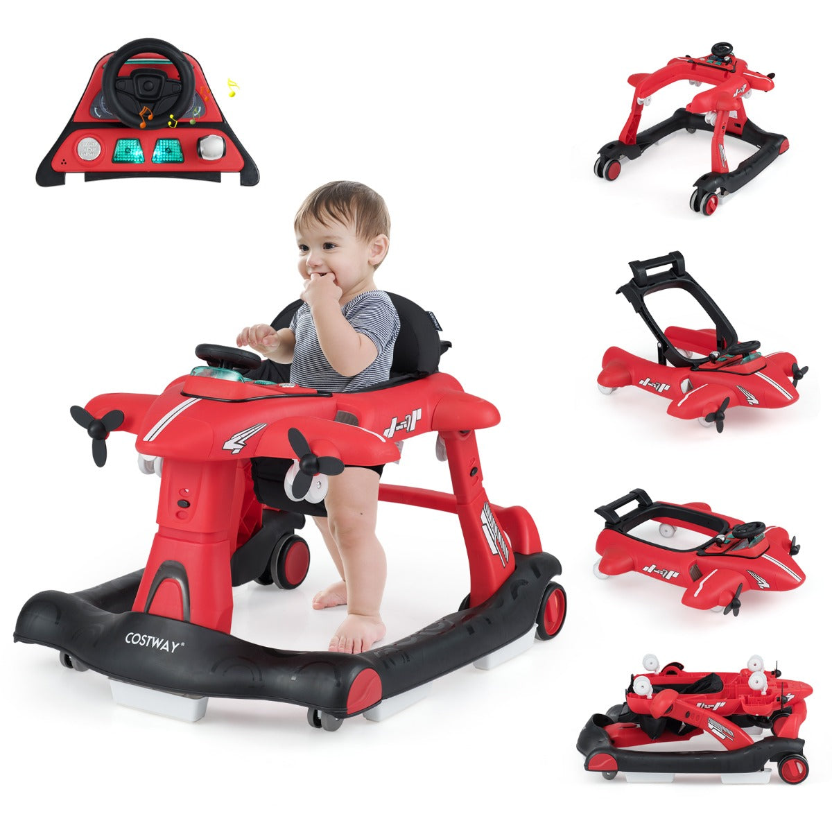 Livsk costway 6 in 1 opvouwbare babyloopstoel vliegtuigontwerp drie hoogte instellingen rood