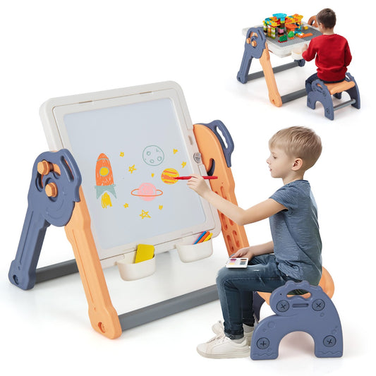 LIVSK 2-in-1 Kinderezel en Speeltafel - Omkeerbaar Whiteboard en Bouwtafel - Inclusief 105 Bouwstenen en Stiften - Blauw + Oranje