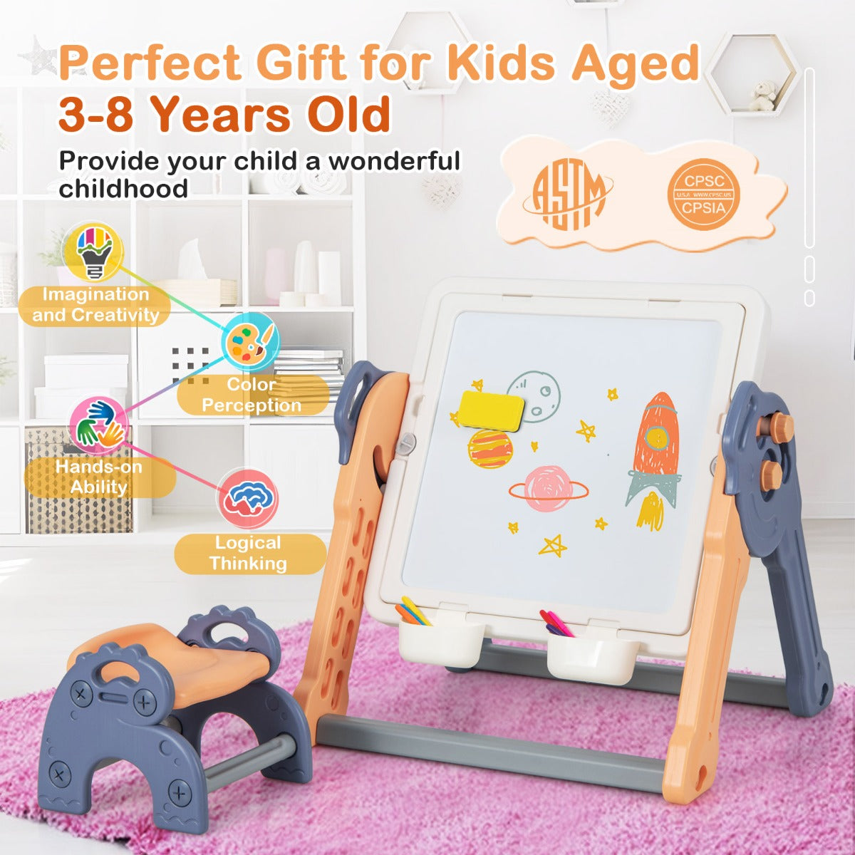 LIVSK 2-in-1 Kinderezel en Speeltafel - Omkeerbaar Whiteboard en Bouwtafel - Inclusief 105 Bouwstenen en Stiften - Blauw + Oranje