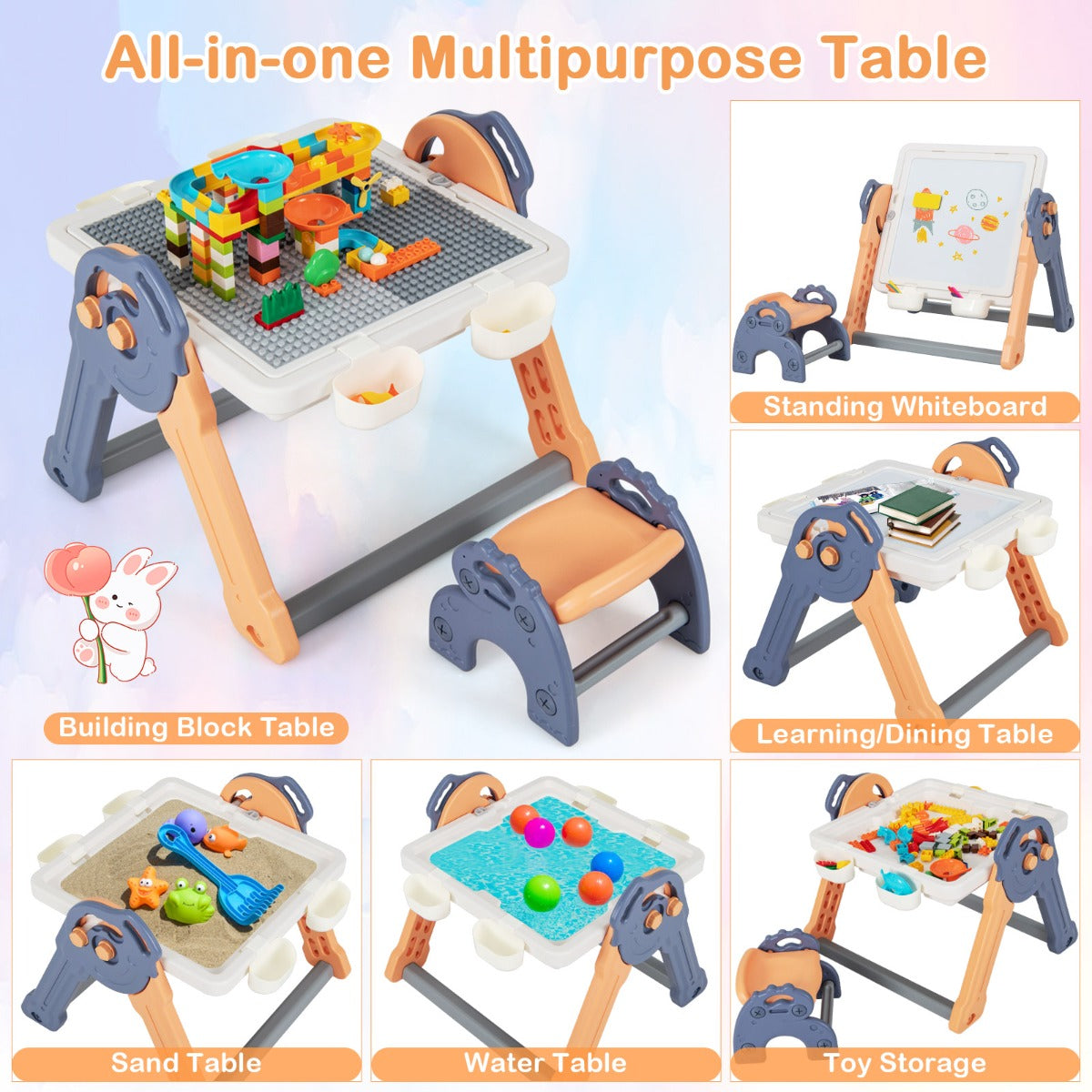 LIVSK 2-in-1 Kinderezel en Speeltafel - Omkeerbaar Whiteboard en Bouwtafel - Inclusief 105 Bouwstenen en Stiften - Blauw + Oranje