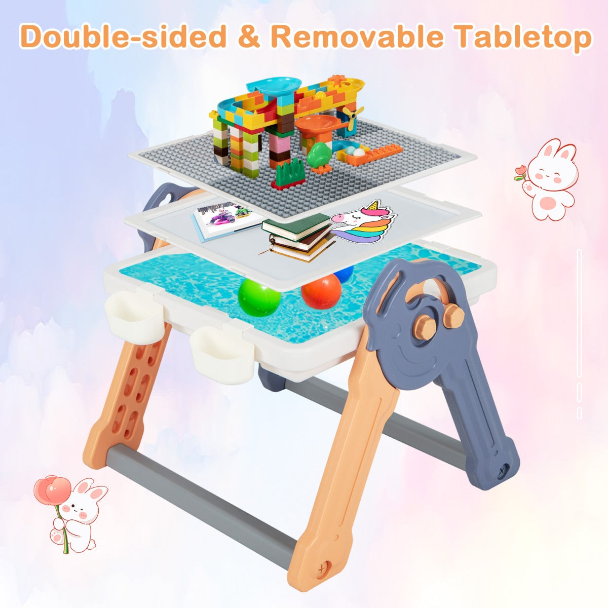 LIVSK 2-in-1 Kinderezel en Speeltafel - Omkeerbaar Whiteboard en Bouwtafel - Inclusief 105 Bouwstenen en Stiften - Blauw + Oranje
